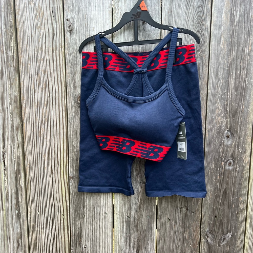 NEW BALANCE Blue Red Sports Bra Bike Short Set Womens Medium NWT NEW - Picture 2 of 10